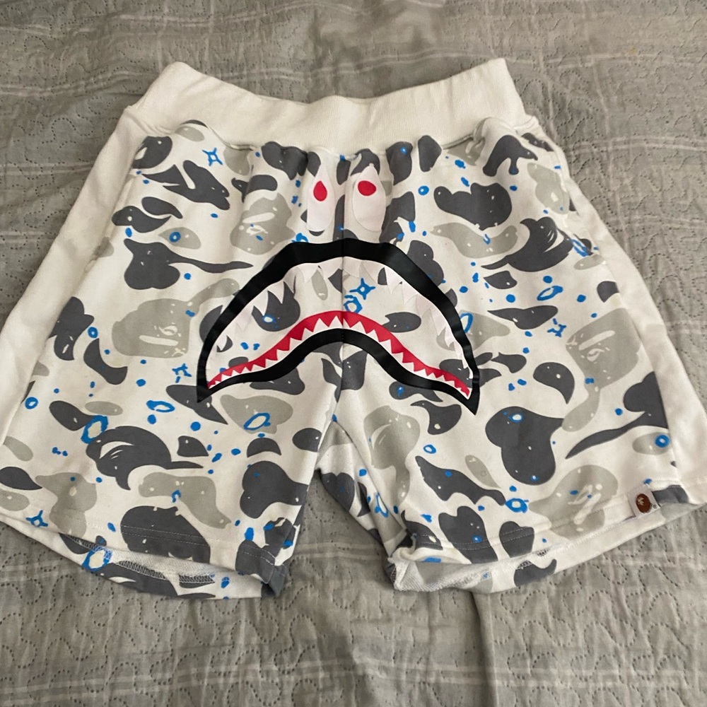 Bape Shark Print Athletic Shorts - White and Gray